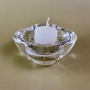 Vintage Clear Glass Floral Candle Holder | Mid-Century Modern Pressed Glass